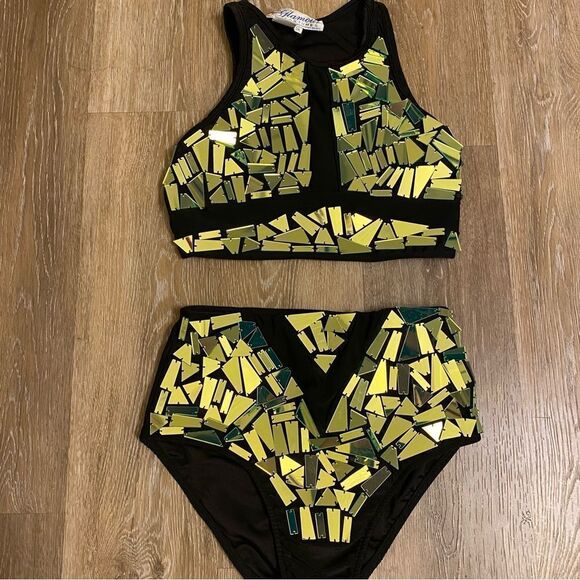 Glamour dance costume green broken glass two-piece rhinestone embellishment SA - Picture 2 of 14